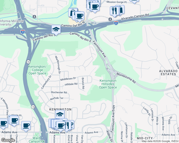 map of restaurants, bars, coffee shops, grocery stores, and more near 4348 Middlesex Drive in San Diego