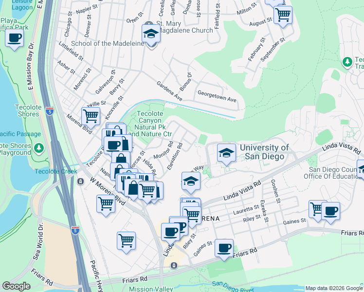 map of restaurants, bars, coffee shops, grocery stores, and more near 1451 Elevation Road in San Diego