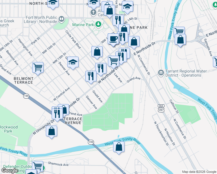 map of restaurants, bars, coffee shops, grocery stores, and more near 1201 Circle Park Boulevard in Fort Worth