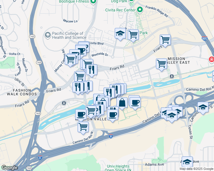 map of restaurants, bars, coffee shops, grocery stores, and more near 8019 Caminito de Pizza in San Diego