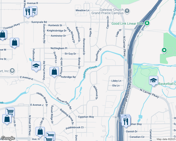 map of restaurants, bars, coffee shops, grocery stores, and more near 2200 Rock Creek Drive in Grand Prairie