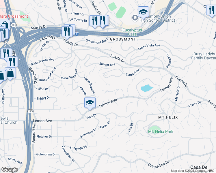 map of restaurants, bars, coffee shops, grocery stores, and more near 9601 Candy Lane in La Mesa