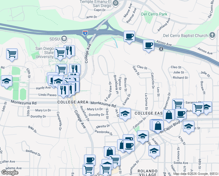 map of restaurants, bars, coffee shops, grocery stores, and more near 5136 East Falls View Drive in San Diego