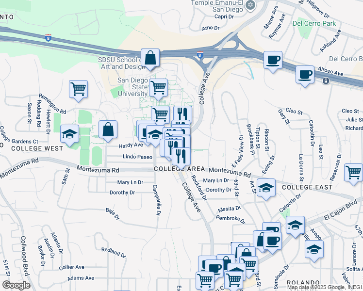 map of restaurants, bars, coffee shops, grocery stores, and more near 6050 Lindo Paseo in San Diego