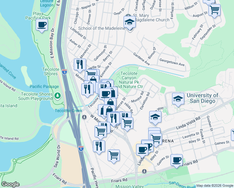 map of restaurants, bars, coffee shops, grocery stores, and more near 1308 Viola Street in San Diego