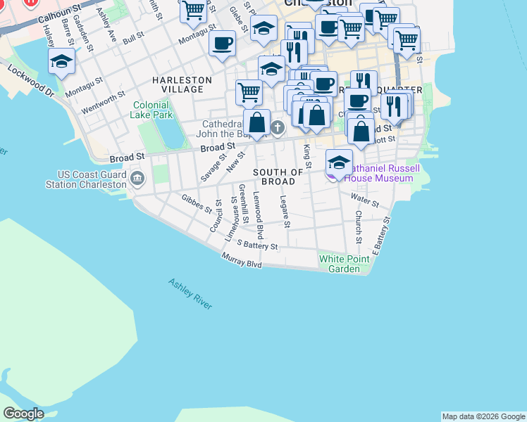 map of restaurants, bars, coffee shops, grocery stores, and more near 9 Gibbes Street in Charleston