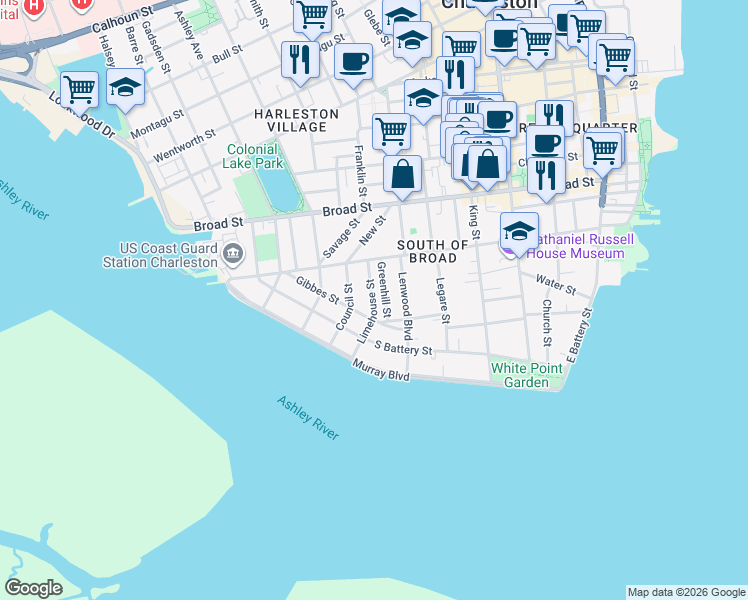 map of restaurants, bars, coffee shops, grocery stores, and more near 20 Gibbes Street in Charleston