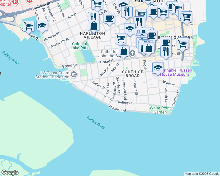 map of restaurants, bars, coffee shops, grocery stores, and more near 32 Council Street in Charleston