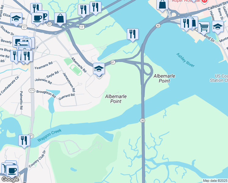 map of restaurants, bars, coffee shops, grocery stores, and more near 4 Albemarle Road in Charleston