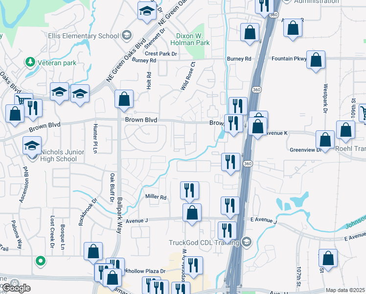 map of restaurants, bars, coffee shops, grocery stores, and more near 2300 Balsam Drive in Arlington