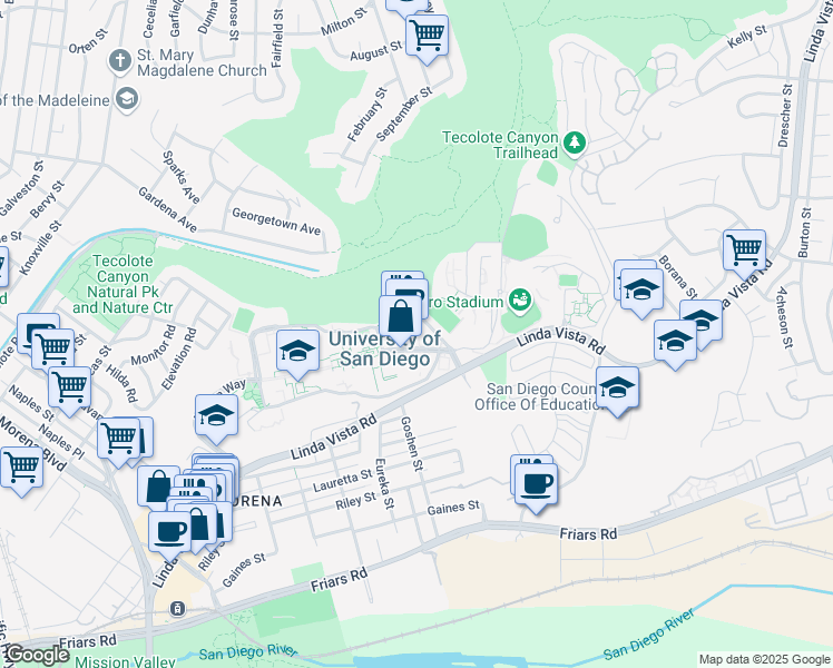 map of restaurants, bars, coffee shops, grocery stores, and more near 5880 Marian Way in San Diego