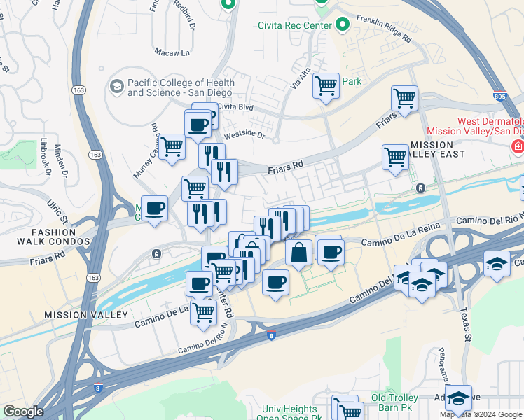 map of restaurants, bars, coffee shops, grocery stores, and more near 8019 Caminito de Pizza in San Diego