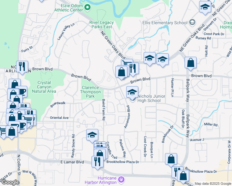 map of restaurants, bars, coffee shops, grocery stores, and more near 2304 Forester Circle in Arlington