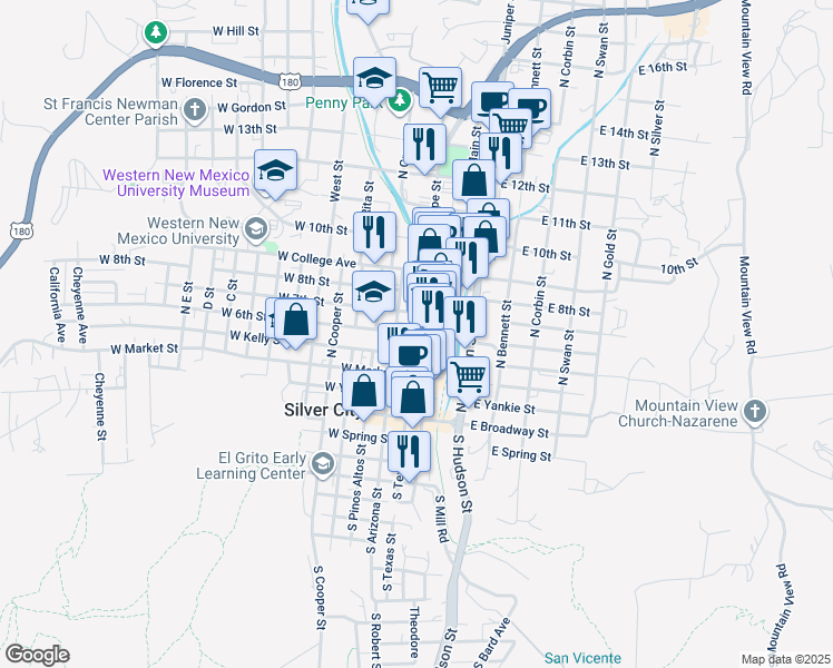 map of restaurants, bars, coffee shops, grocery stores, and more near 600 North Texas Street in Silver City
