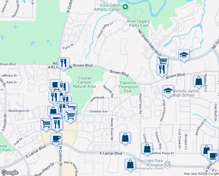 map of restaurants, bars, coffee shops, grocery stores, and more near 2310 Midway Road in Arlington