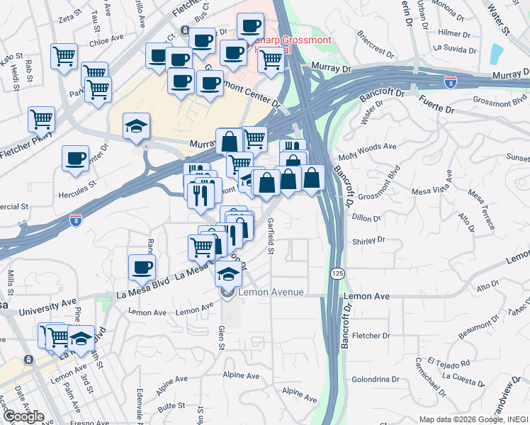 map of restaurants, bars, coffee shops, grocery stores, and more near 8861 La Mesa Boulevard in La Mesa