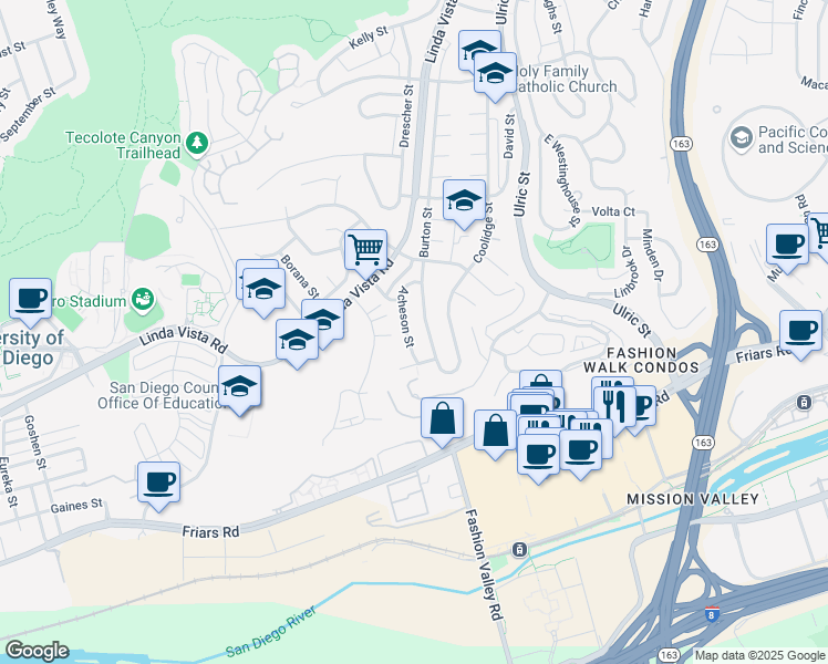 map of restaurants, bars, coffee shops, grocery stores, and more near 1489 Acheson Street in San Diego
