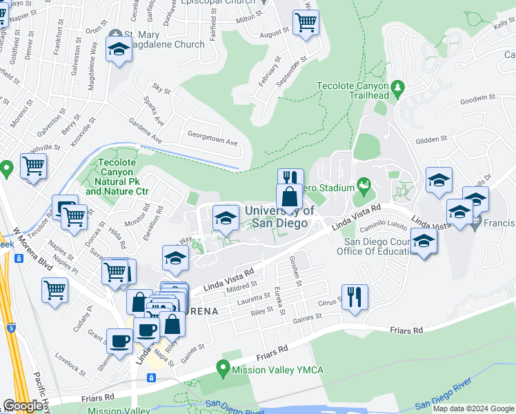 map of restaurants, bars, coffee shops, grocery stores, and more near Alcala Park Way in San Diego