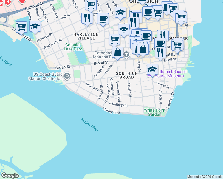 map of restaurants, bars, coffee shops, grocery stores, and more near 15 Greenhill Street in Charleston