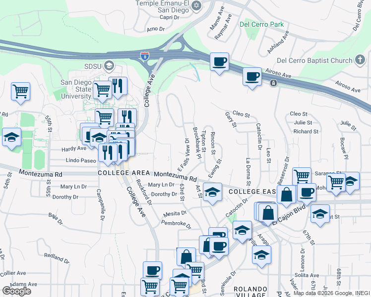 map of restaurants, bars, coffee shops, grocery stores, and more near 5136 East Falls View Drive in San Diego