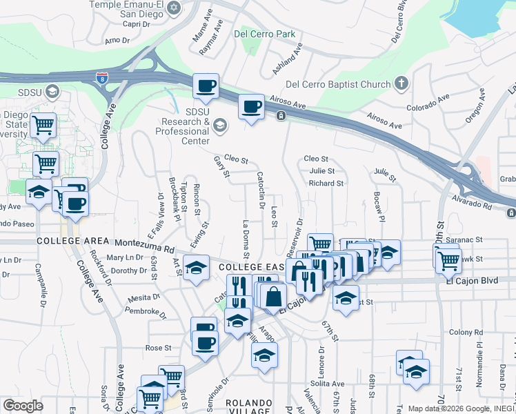 map of restaurants, bars, coffee shops, grocery stores, and more near 5166 Catoctin Drive in San Diego