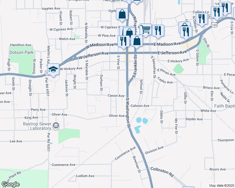 map of restaurants, bars, coffee shops, grocery stores, and more near 500 South Vine Street in Bastrop