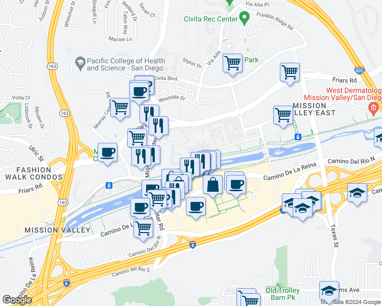 map of restaurants, bars, coffee shops, grocery stores, and more near 1333 Caminito Gabaldon in San Diego