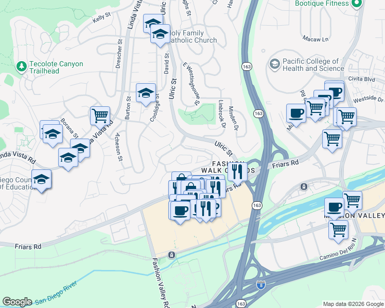 map of restaurants, bars, coffee shops, grocery stores, and more near 7087 Camino Revueltos in San Diego