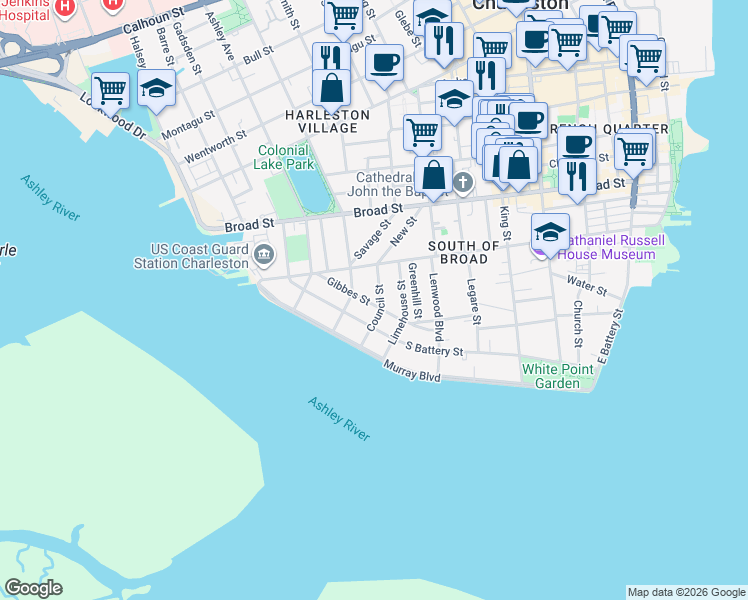 map of restaurants, bars, coffee shops, grocery stores, and more near 40 Gibbes Street in Charleston
