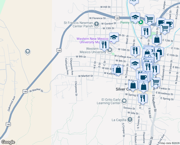 map of restaurants, bars, coffee shops, grocery stores, and more near 1317 West Kelly Street in Silver City