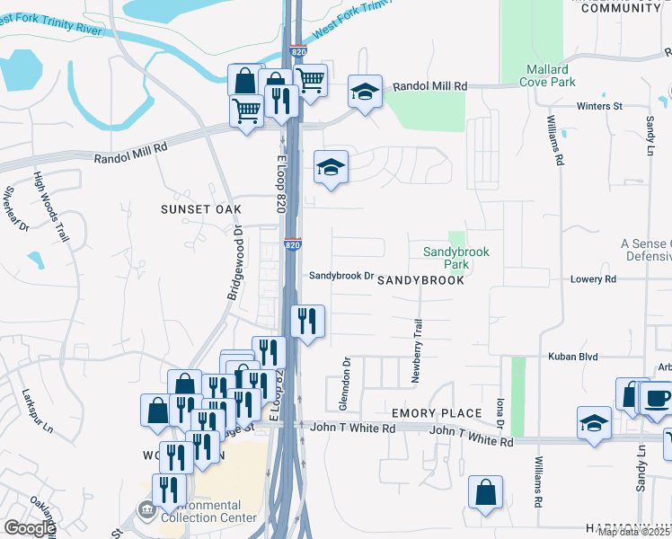 map of restaurants, bars, coffee shops, grocery stores, and more near 6900 Sandybrook Drive in Fort Worth