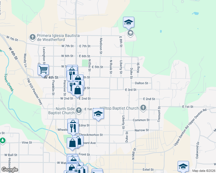 map of restaurants, bars, coffee shops, grocery stores, and more near 1111 North Rusk Street in Weatherford