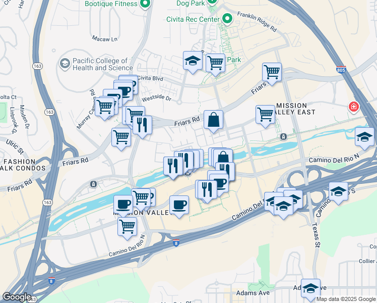 map of restaurants, bars, coffee shops, grocery stores, and more near 8069 Caminito de Pizza in San Diego
