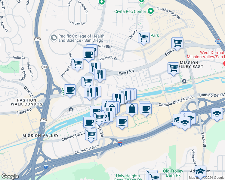 map of restaurants, bars, coffee shops, grocery stores, and more near 1385 Caminito Gabaldon in San Diego