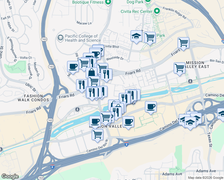 map of restaurants, bars, coffee shops, grocery stores, and more near 7947 Mission Center Court in San Diego