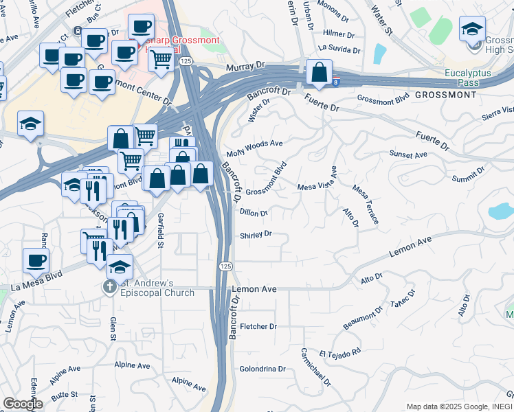 map of restaurants, bars, coffee shops, grocery stores, and more near 9148 Dillon Drive in La Mesa