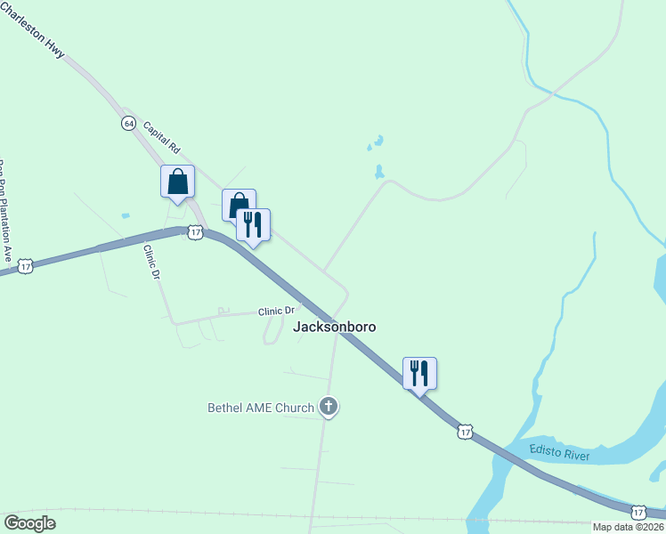 map of restaurants, bars, coffee shops, grocery stores, and more near 616 Capital Road in Jacksonboro