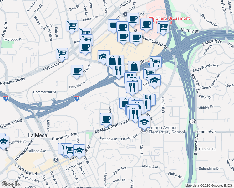 map of restaurants, bars, coffee shops, grocery stores, and more near 8610 Hayes Street in La Mesa