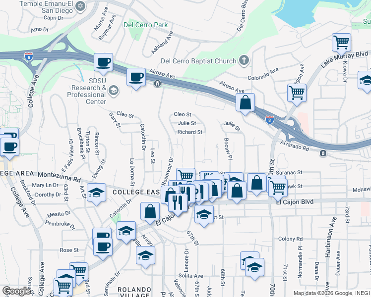 map of restaurants, bars, coffee shops, grocery stores, and more near 5072 67th Street in San Diego