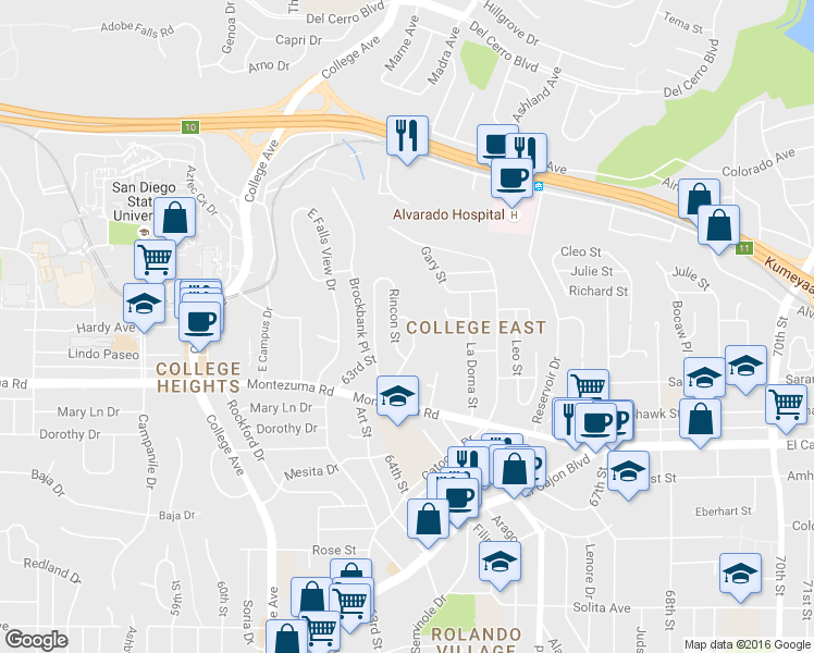 map of restaurants, bars, coffee shops, grocery stores, and more near 5150 Ewing Street in San Diego