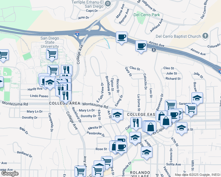 map of restaurants, bars, coffee shops, grocery stores, and more near 5144 Tipton Street in San Diego