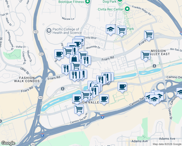 map of restaurants, bars, coffee shops, grocery stores, and more near 1307 Caminito Gabaldon in San Diego