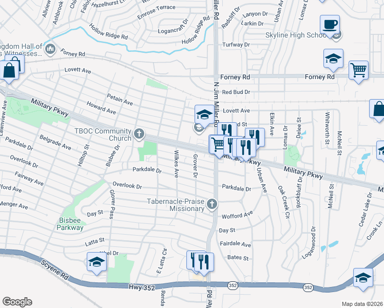 map of restaurants, bars, coffee shops, grocery stores, and more near 6835 Woodard Avenue in Dallas