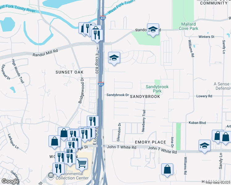 map of restaurants, bars, coffee shops, grocery stores, and more near 6900 Sandybrook Drive in Fort Worth