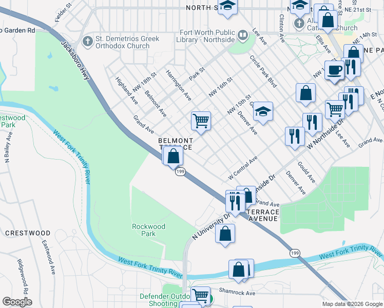 map of restaurants, bars, coffee shops, grocery stores, and more near 1511 Grand Avenue in Fort Worth