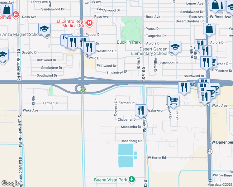 map of restaurants, bars, coffee shops, grocery stores, and more near 1167 Whitney Way in El Centro