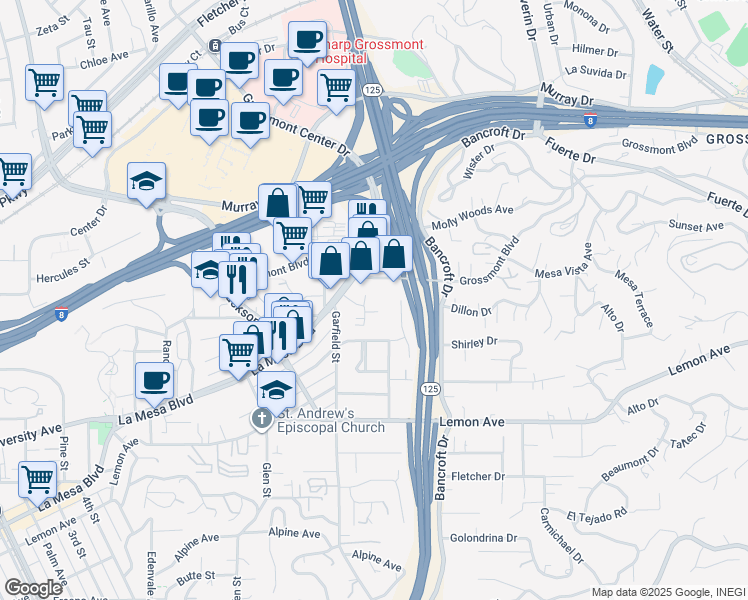 map of restaurants, bars, coffee shops, grocery stores, and more near 5151 Dailey Court in La Mesa