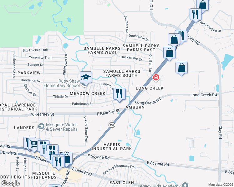 map of restaurants, bars, coffee shops, grocery stores, and more near 1525 Juniper Lane in Mesquite