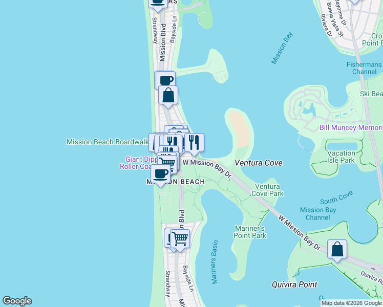 map of restaurants, bars, coffee shops, grocery stores, and more near 841 Island Court in San Diego