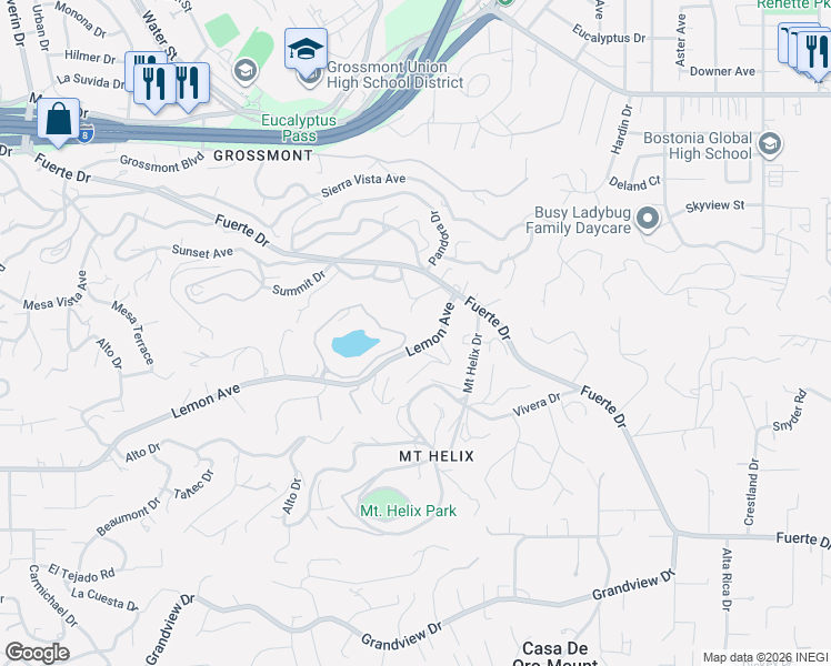 map of restaurants, bars, coffee shops, grocery stores, and more near 20 Lake Helix Drive in La Mesa